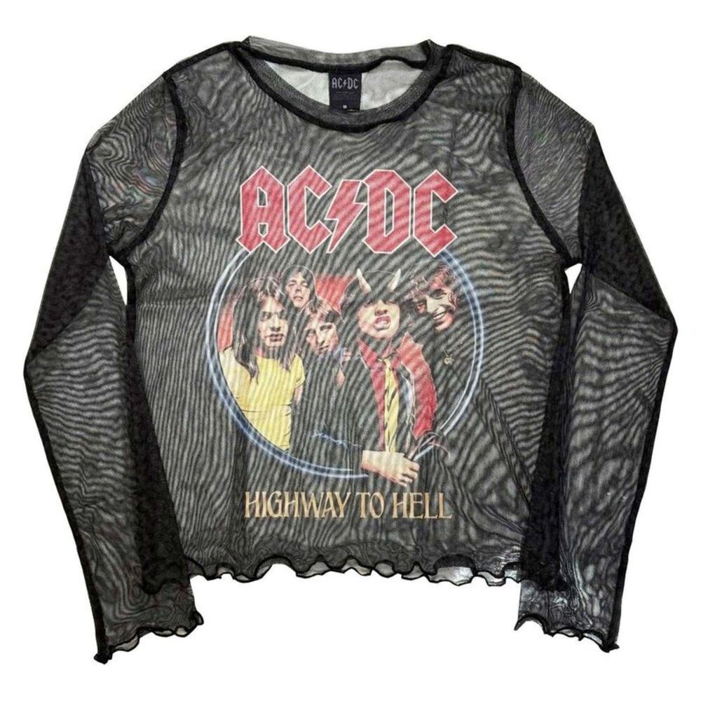 AC/DC Womens/Ladies Highway To Hell Mesh Long-Sleeved Crop Top / Black